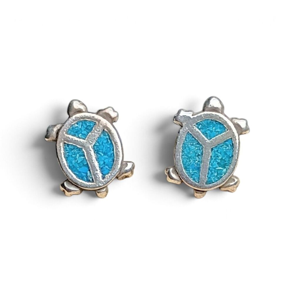 Native Southwestern Sterling Silver 925 Turquoise Peace Turtle Stud EarrIngs VTG